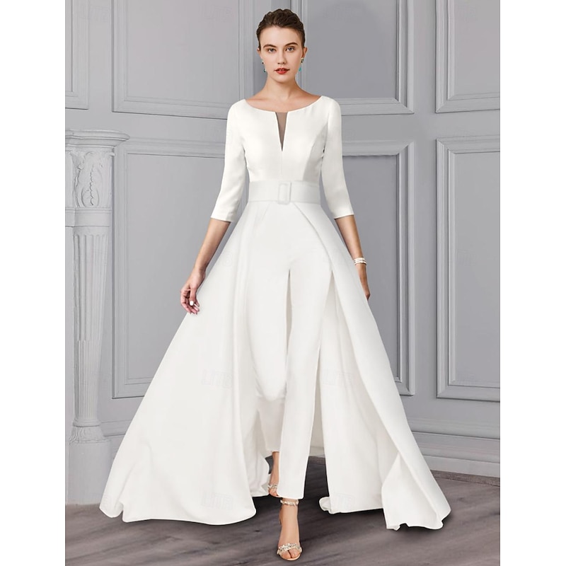 Jumpsuit Mother of the Bride  Formal Wedding Guest Elegant detachable V Neck Floor Length Satin 3/4 Length Sleeve with Sash / Ribbon4