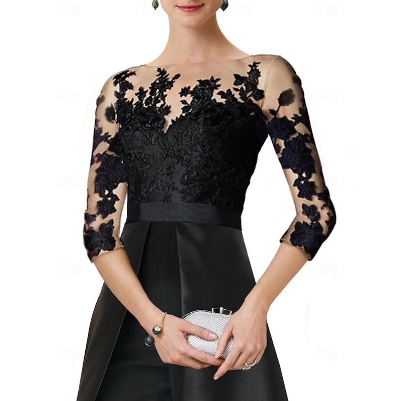 Jumpsuits Mother of the Bride  Wedding Guest Elegant Party Jewel Neck Floor Length Satin 3/4 Length Sleeve with Appliques Solid Color4