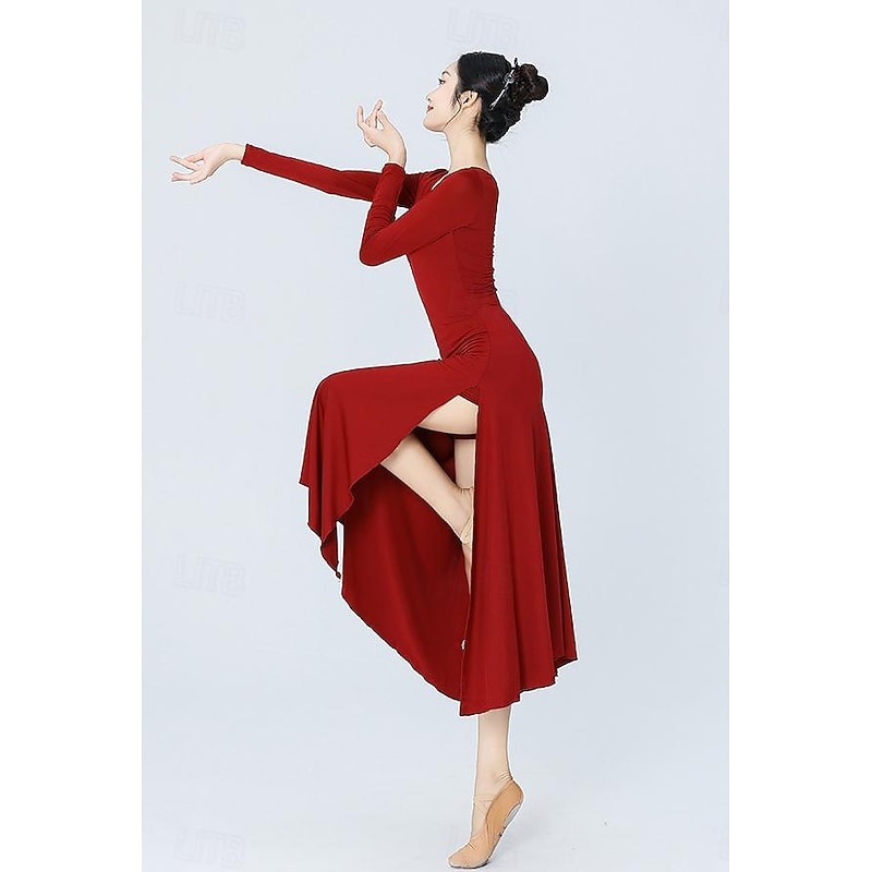 Latin Dance Ballroom Dance Dress Pure Color Women's Training Daily Wear Long Sleeve High POLY4
