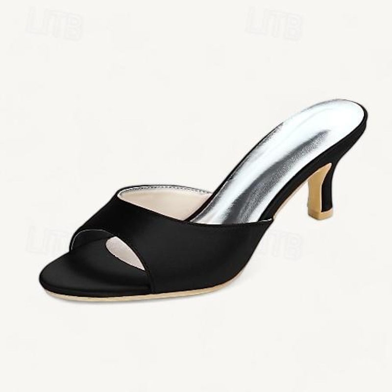 Women's Wedding Shoes Sandals Kitten Heel Open Toe Minimalism Satin Loafer Black White Ivory3