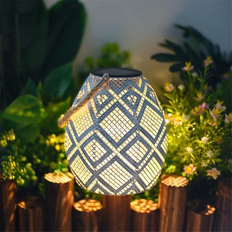 Solar Outdoor Lamp Hollow Lantern Waterproof Hemp Rope Iron Art Lamp Imitation Cloth Pattern Courtyard Lamp for Scene Decor, Festivals Decor4