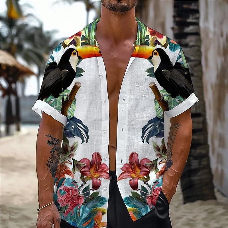 Men's Tropical Parrot Shirt Summer Hawaiian Shirt Aloha Shirt Short Sleeve Shirt Turndown Vacation Hawaiian Resort Style Outdoor Vacation Beach White Blue Green S M L