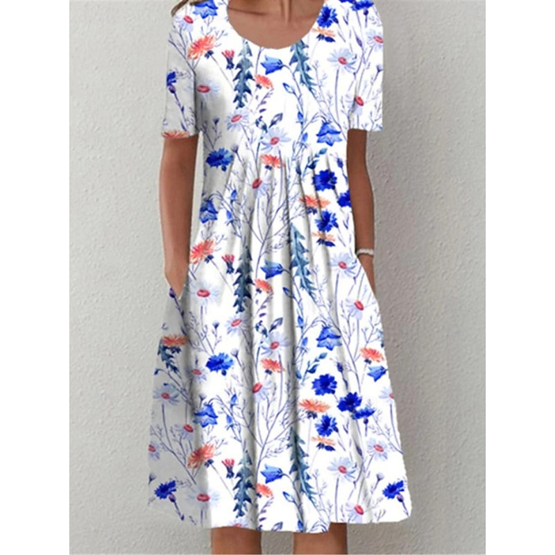 Women's Midi Dress Casual Dress Summer Dress Streetwear Vacation Street Holiday Loose Fit Floral Short Sleeve Crew Neck White Royal Blue Blue Light Blue Summer3