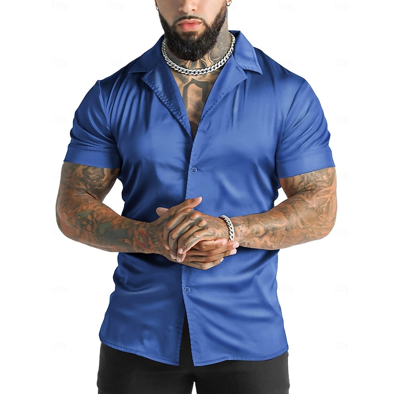 Men's Shirt Satin Shirt Summer Shirt Button Up Shirt Casual Shirt Black White Blue Short Sleeve Solid Color Lapel Daily Vacation Clothing Apparel Fashion Casual Comfortable