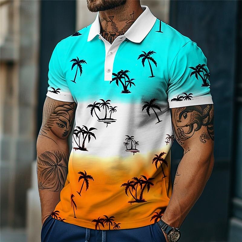 Kentucky Derby Men's Palm Tree Hawaiian Polo Shirts Golf Shirt Short Sleeve Polo Shirts Collared Shirts Casual Beach Wear Vacation Wear Tropical Wear Party Outfits Buttons 3D Print Summer Blue Green - Main Image