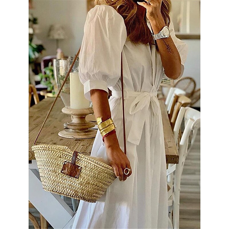 Women's White Dress Shirt Dress Maxi long Dress Office Business Date Basic Formal Shirt Collar Pocket Belted Half Sleeve Summer Spring2