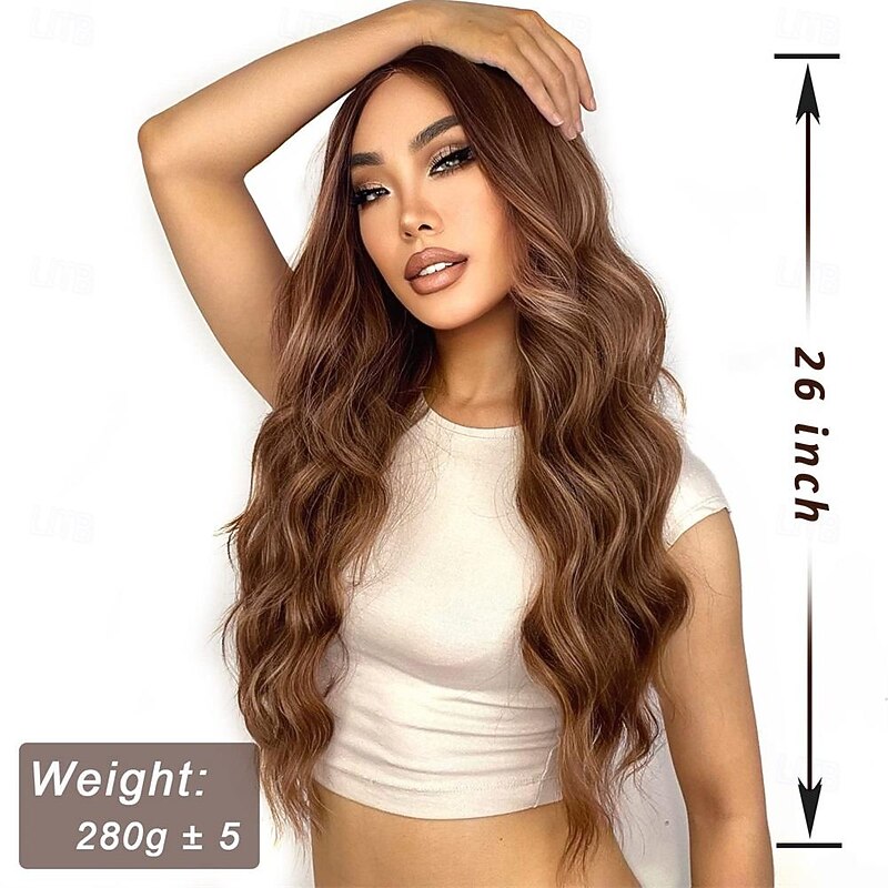 Long Ombre Brown Wavy Wig for Women 26 Inch Middle Part Brown Highlight Wigs Natural Looking Synthetic Heat Resistant Fiber Light Brown Curly Wig for Daily Party Use2