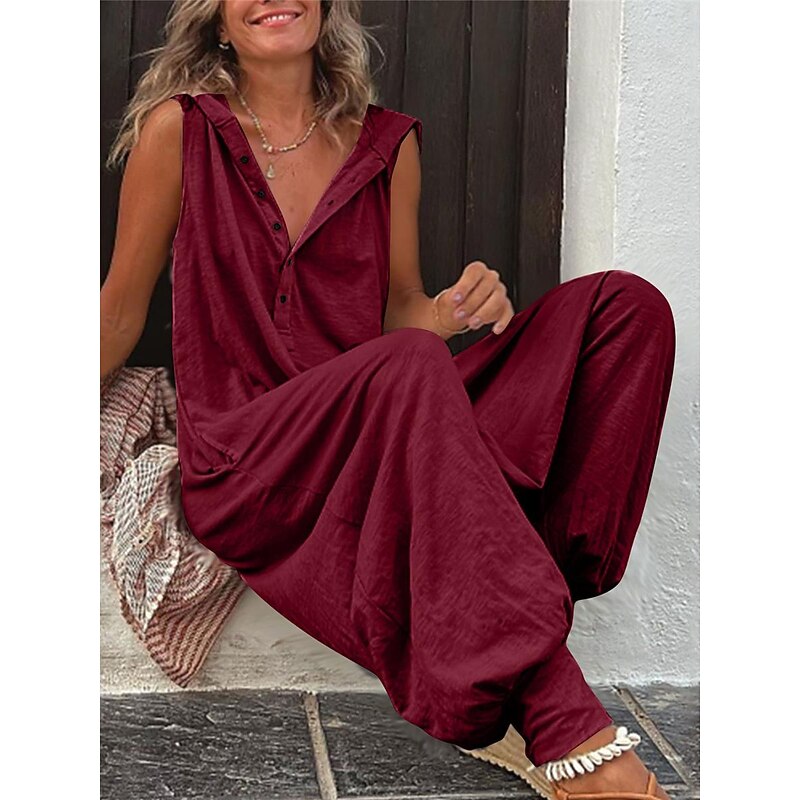 Women's Normal Jumpsuit Streetwear Solid Color Sleeveless V Neck Buttons Street Daily Regular Fit Wine Army Green Green Summer3
