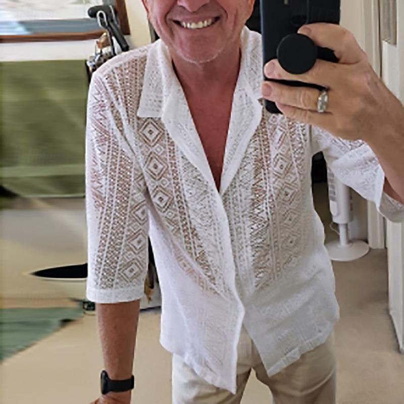 Men's Shirt Summer Shirt Casual Shirt Beach Shirt Button Up Shirt Black White Short Sleeve Plain Lapel Vacation Hawaiian Lace Clothing Apparel Polyester Fashion Casual Comfortable2