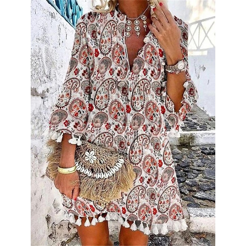 Women's Mini Dress Petite Dress Casual Dress Long Sleeve Boho Dress Summer Dress Boho Dress Bohemia Ethnic Vacation Holiday Loose Fit Floral Geometric Color Block Split Neck White Red Navy Blue2