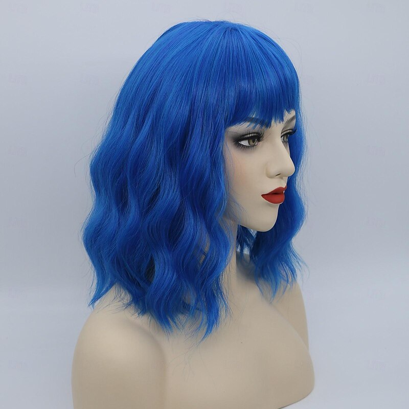 Blue Wigs for Women Short Curly Bangs Colored Wavy Bob Synthetic Heat Resistant Medium Shoulder Length Daily Party Halloween Wigs4