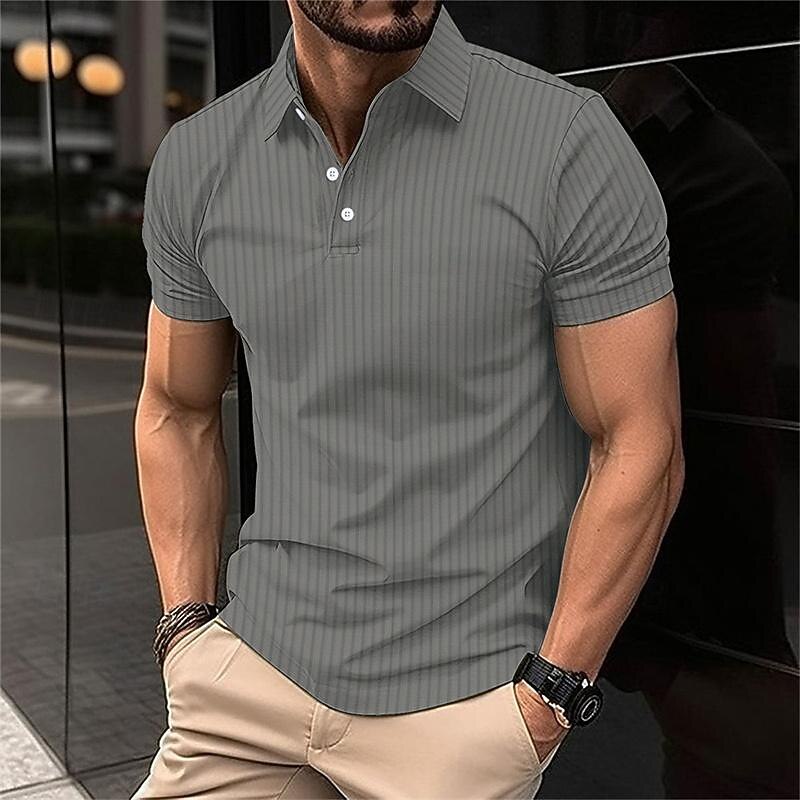 Men's Golf Shirt Golf Polo Work Casual Lapel Short Sleeve Basic Modern Striped Button Spring & Summer Regular Fit claret Dark Red Black White Dark Navy Royal Blue Golf Shirt3