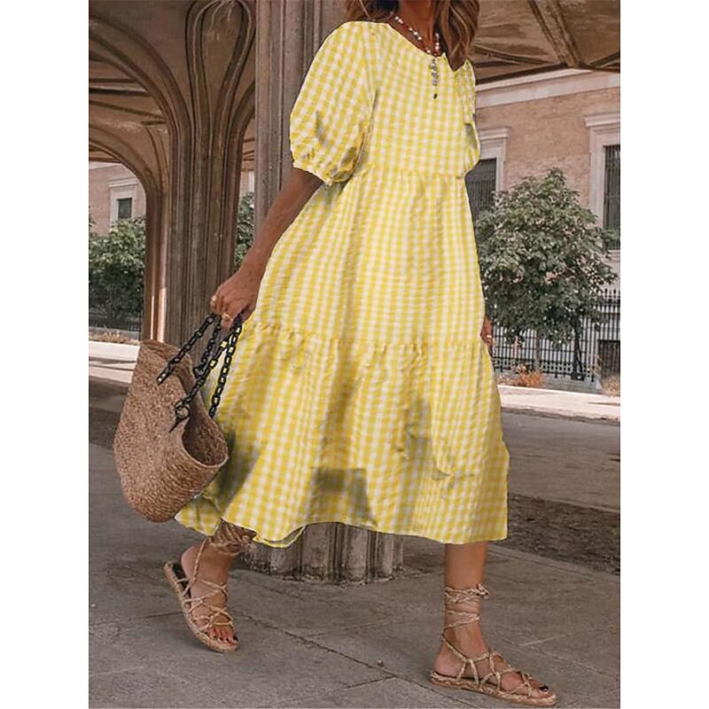 Women's Plaid Dress Casual Dress Plaid Print Crew Neck Midi Dress Vacation Half Sleeve Summer2