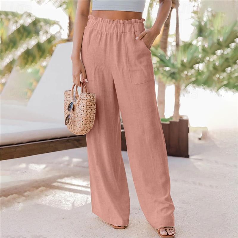 Women's Wide Leg Pants Trousers Casual Daily Long Plain Side Pockets Elastic Waistband Breathability Comfortable Inelastic Going out Weekend Black Pink Light Grey Dark Gray Spring & Summer Regular Fit3