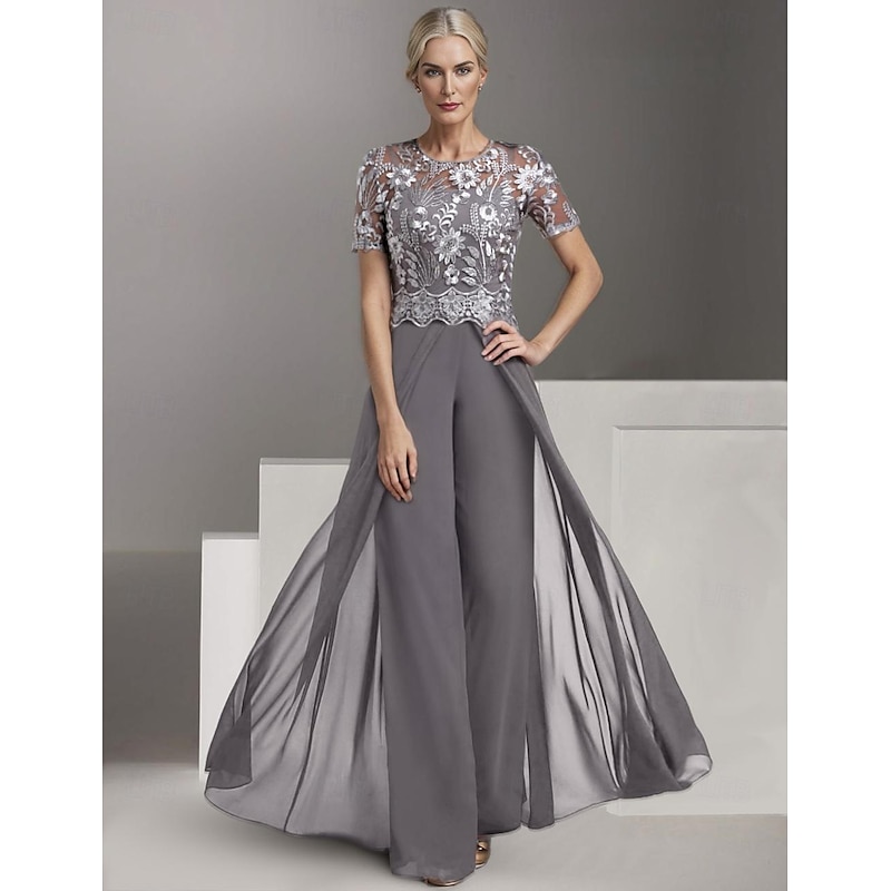 Beach Wedding Jumpsuit Mother of the Bride  Wedding Guest Elegant Jewel Neck Ankle Length Stretch Chiffon Short Sleeve with Lace Pleats2