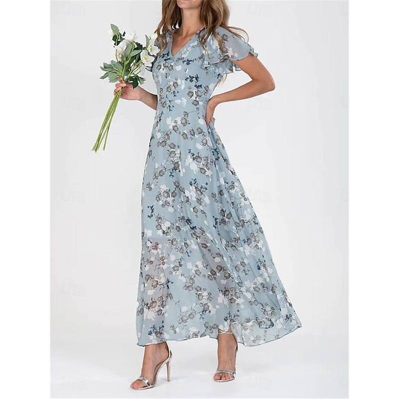 Women's Maxi Dress Floral Print V-Neck Flutter Sleeve Flowy Blue White Elegant Wedding Guest Garden Party Summer Spring Feminine Silhouette Lightweight Comfortable Various Sizes2