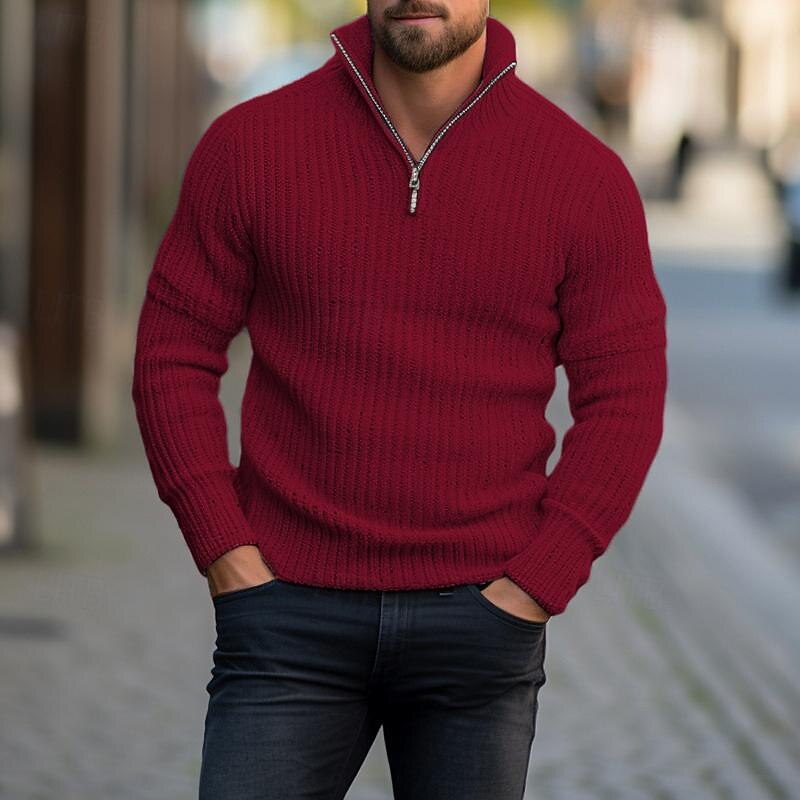 Men's Dress Sweater Knitwear Pullover Ribbed Knit Zipper Knitted Plain Quarter Zip Keep Warm Modern Contemporary Daily Wear Going out Clothing Apparel Fall & Winter Black White M L XL2