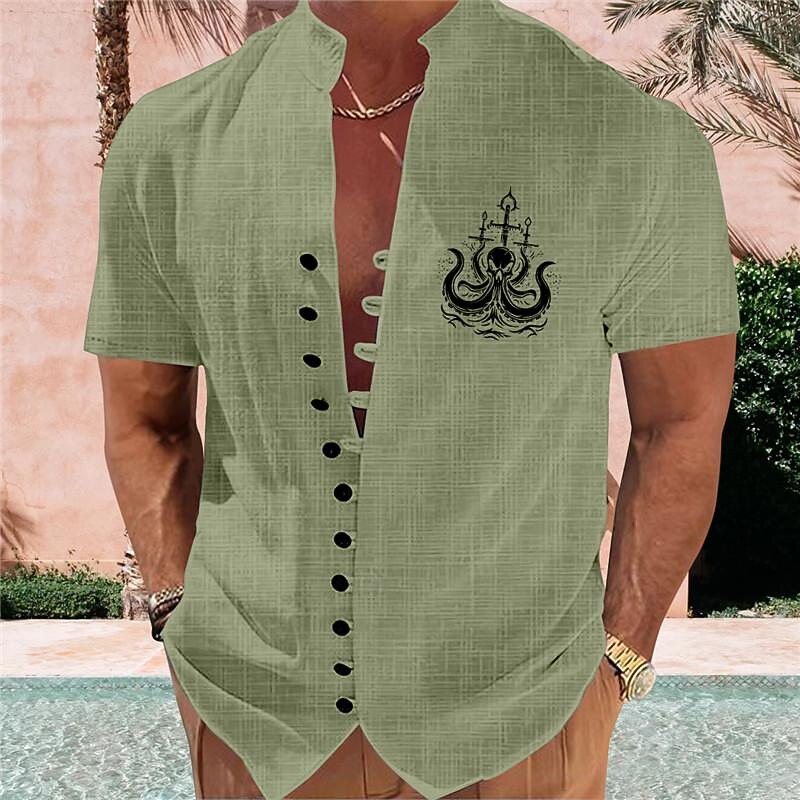 Men's Octopus Summer Hawaiian Shirt Aloha Shirt Printed Shirts Short Sleeves Shirt Standing Collar Hawaiian Resort Vacation Holiday Daily Wear Blue Orange Green S M L
