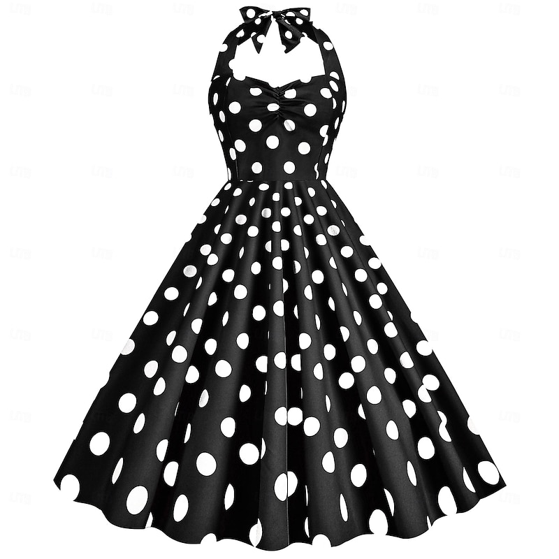 Retro Vintage 1950s Grease Outfits Rockabilly Midi Dress Swing Dress Flare Dress Polka dots Halter Neck Fancy Dress Women's Carnival Vacation Daily Wear Retro Theme Party Adults Dress Spring & Summer4