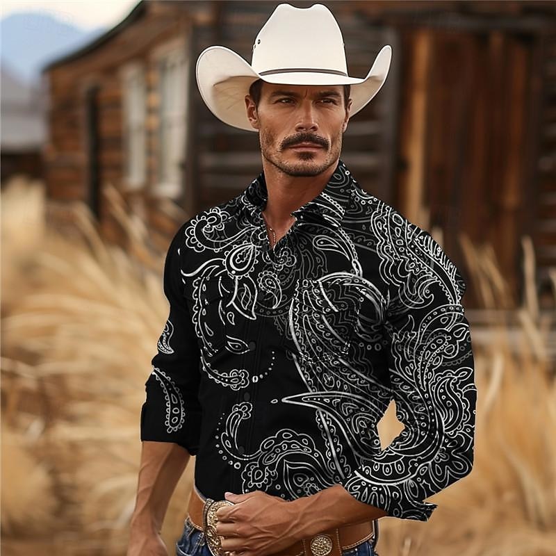 Men's Paisley Western Shirt Cowboy Shirt Long Sleeve Vintage Western Style Tribal Outdoor Vacation Horse Race Spring & Summer Turndown Print Button-Down Dark Red Black Yellow Navy Blue Royal Blue3