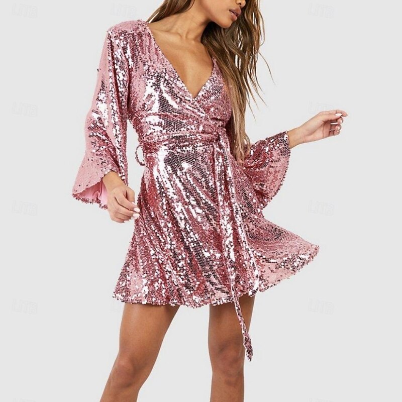 Disco 1980s Shiny Metallic Dress Wrap Dress Disco Sequins Fancy Dress Women's Carnival Masquerade Party Bachelorette Party Pride Parade Adults Dress