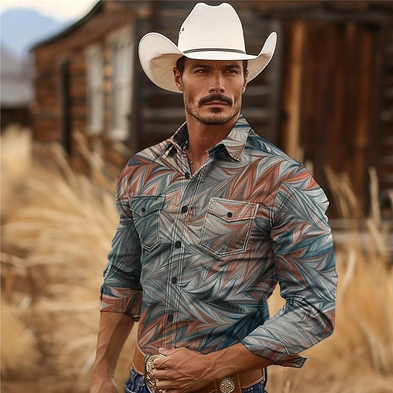 Men's Geometry Western Shirt Cowboy Shirt Long Sleeve Vintage Western Style Tribal Outdoor Vacation Horse Race Spring & Summer Turndown Print Button-Down Burgundy Blue