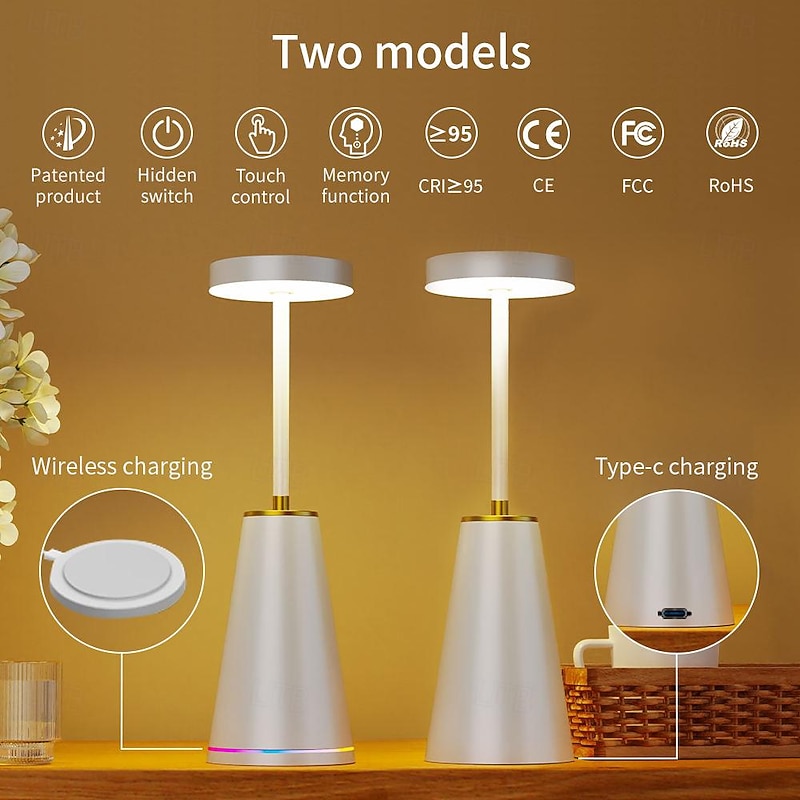 Table Lamp Tabletop Rechargeable Desk Lamp with Battery Powered,Cordless 3-Levels Brightness Stepless Dimmable Touch Nightlight Lamps, Lamps for Bedroom/Restaurant/Bars/Patio3