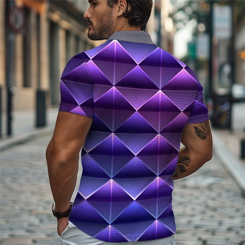 Men's Graphic Golf Shirt Short Sleeve Polo Shirts Collared Shirts Casual Beach Wear Vacation Wear Party Outfits Buttons 3D Print Summer Purple Green2