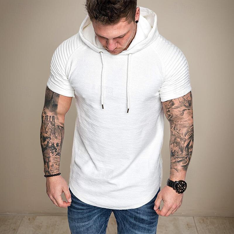 Men's T Shirt Tee Short Sleeve Shirt Tee Top Short Sleeve Hooded Spring & Summer Plain Slim Pleated Fashion Designer Basic Vacation Street Going out Black White Khaki Top Tee for Men