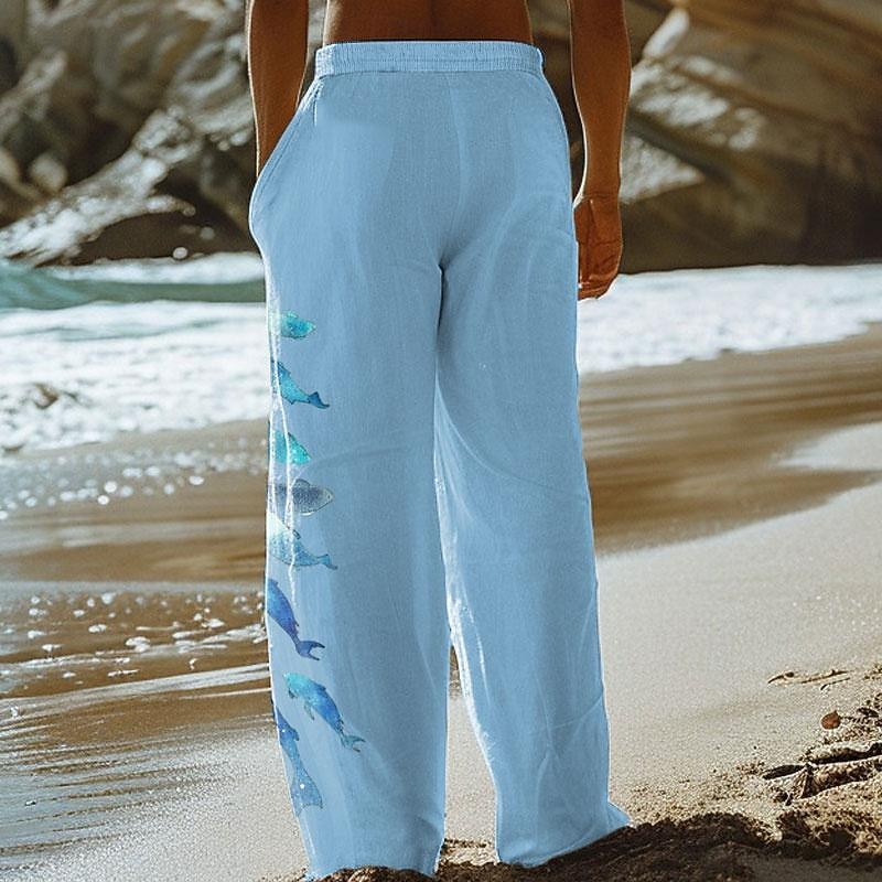 Men's Animal Dolphin Linen Pants Pants Trousers Baggy Pants Medium Waist Vacation Hawaiian Outdoor Vacation Hawaiian Elastic Drawstring Design Spring & Summer White Blue3