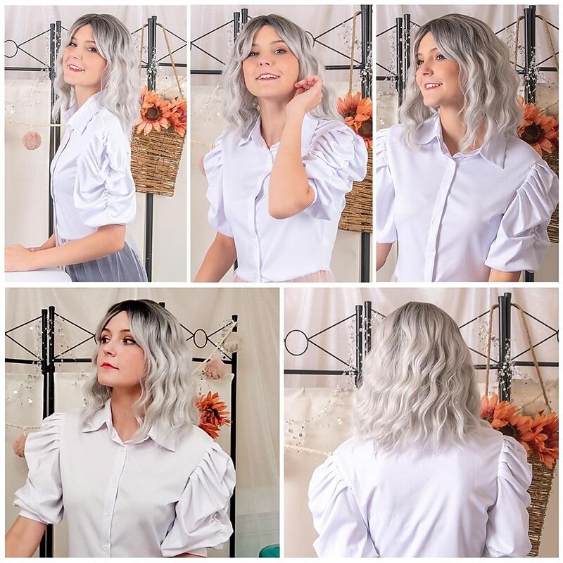 Silver Gray Wavy Wig with Bangs for WomenOmbre Grey Wigs Shoulder Length Bob Curly Wig Natural Looking Silver White with Dark Roots Synthetic Hair for Daily Party Use2