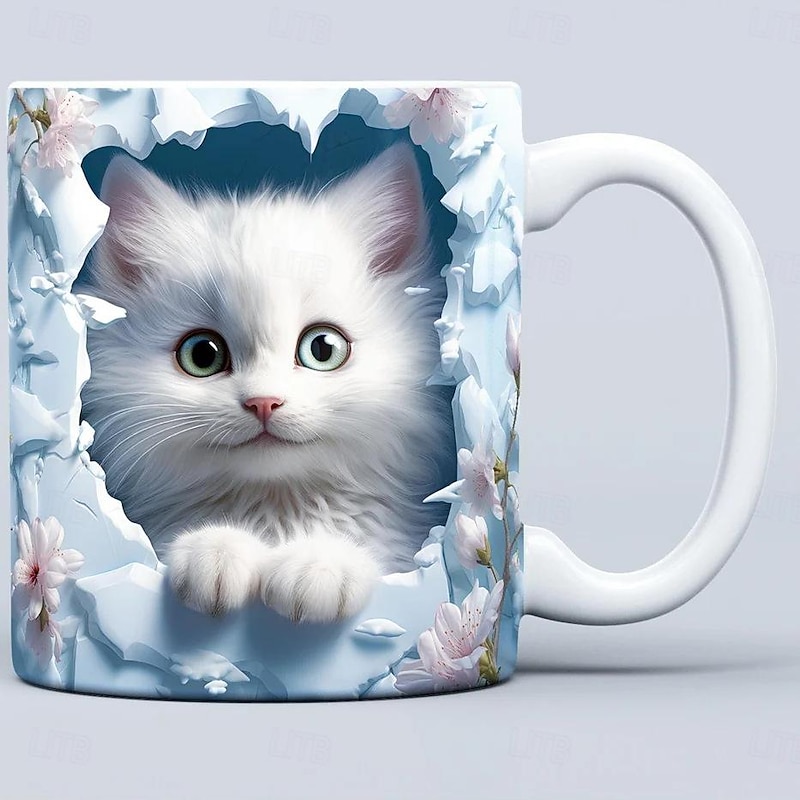 3D Kittens Hole In A Wall Mug, 3D White Cat Mug 3D Novelty Cat Mugs Cat Lovers Coffee Mug Cat Club Cup White Ceramic Mug Gifts For Men Women2