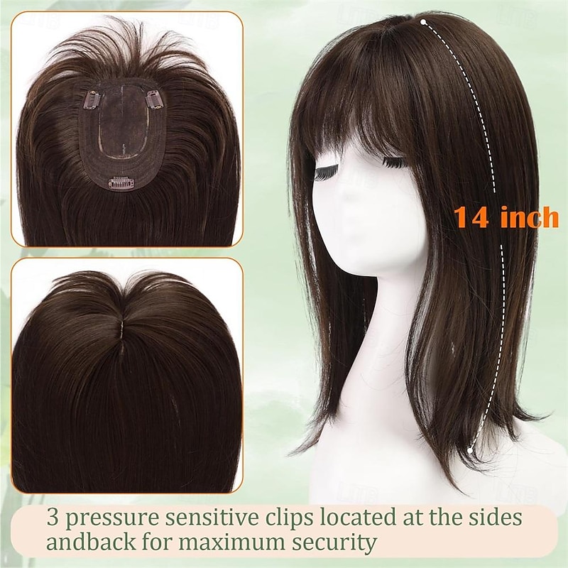 14Inch Hair Topper for Women With Thinning Hair Wiglets Toppers for Thinning Hair With Bangs Big Base Cover Synthetic Hair Topper Clip-in Hair Pieces Dark Brown2