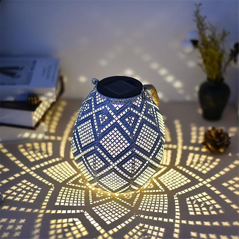 Solar Outdoor Lamp Hollow Lantern Waterproof Hemp Rope Iron Art Lamp Imitation Cloth Pattern Courtyard Lamp for Scene Decor, Festivals Decor