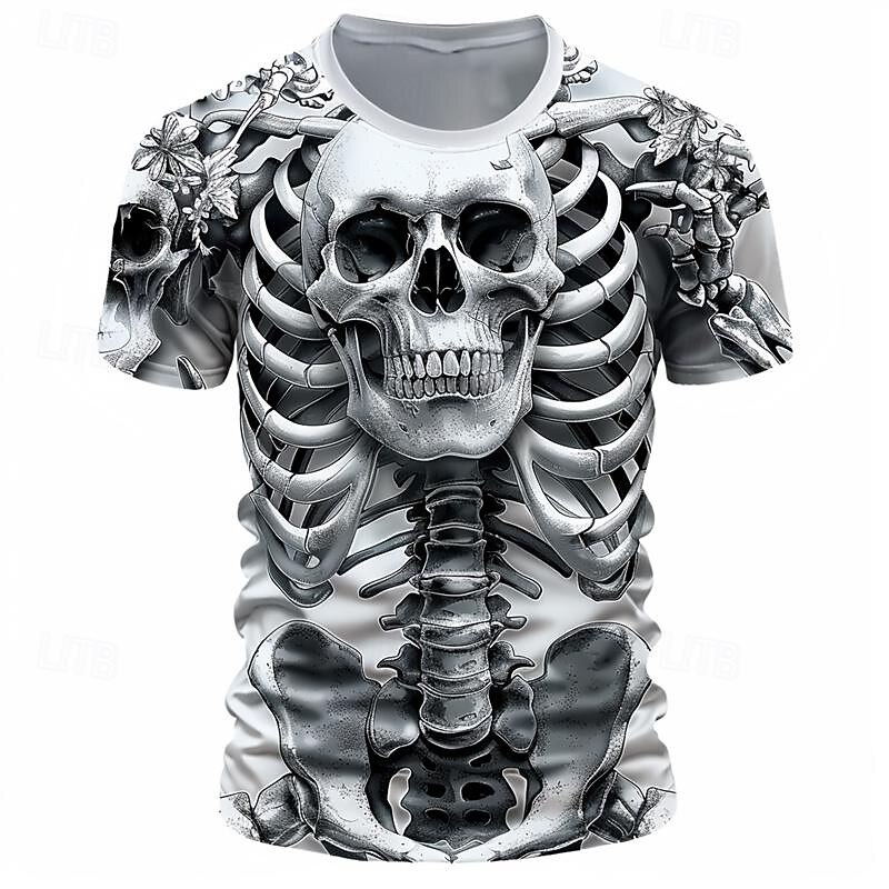 Men's Graphic Cool Skulls Skeleton T Shirt Short Sleeve T shirt 3D Print Crew Neck Shirt Designer Casual Subculture Sports Outdoor Holiday Going out White Khaki Light Grey Spring & Summer Clothing2