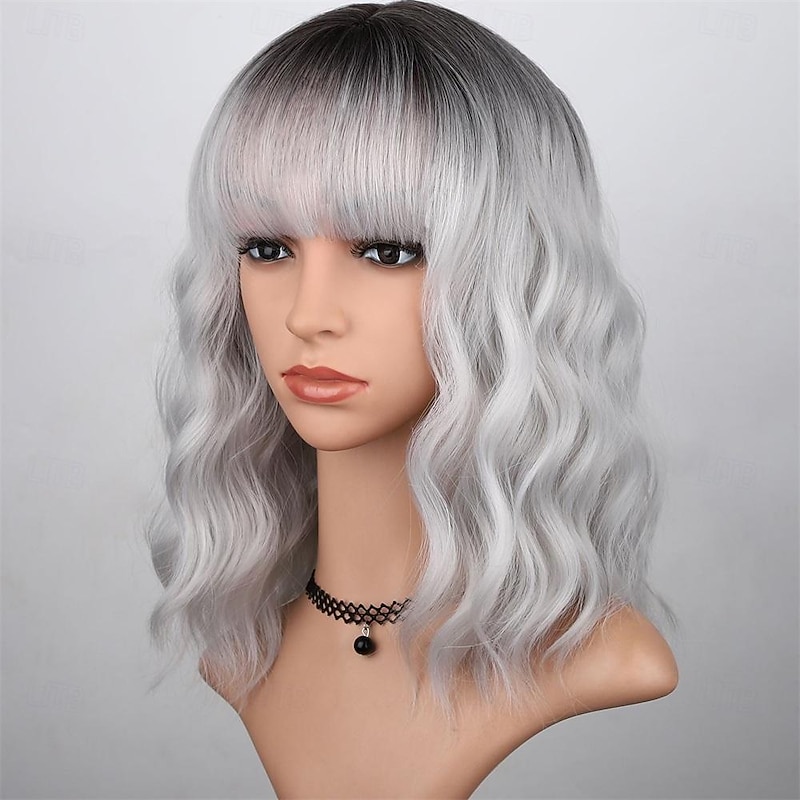 Silver Gray Wavy Wig with Bangs for WomenOmbre Grey Wigs Shoulder Length Bob Curly Wig Natural Looking Silver White with Dark Roots Synthetic Hair for Daily Party Use