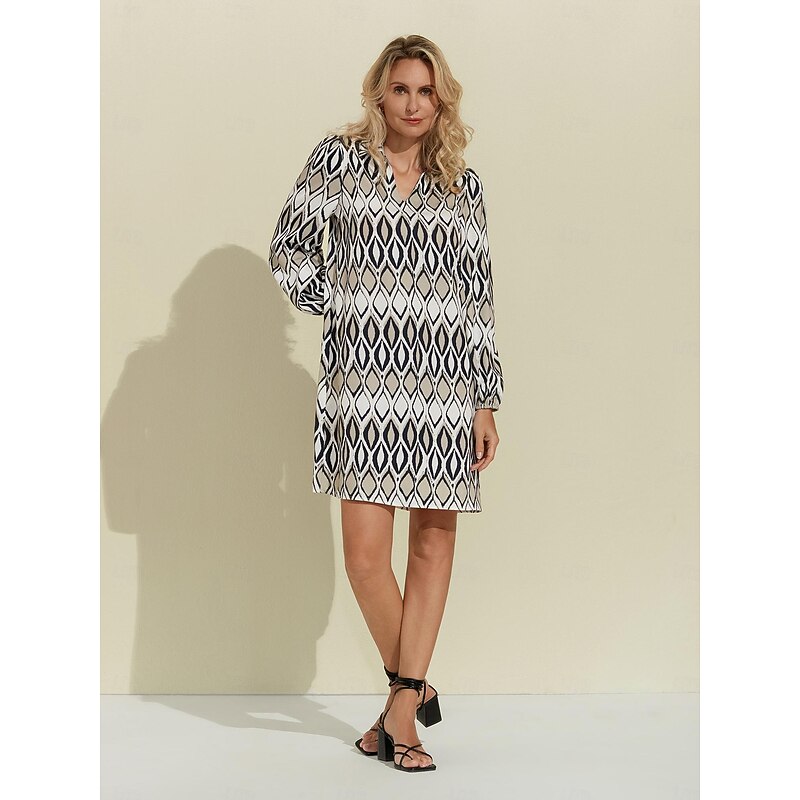Women's Shirt Dress Mini Dress White Long Sleeve Geometic Geometrical Geometrical Spring Shirt Collar Pattern Dress S M L3