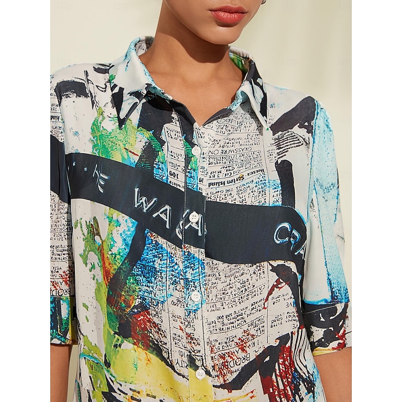 Splash Print Stand Collar Shirt Mini Dress3