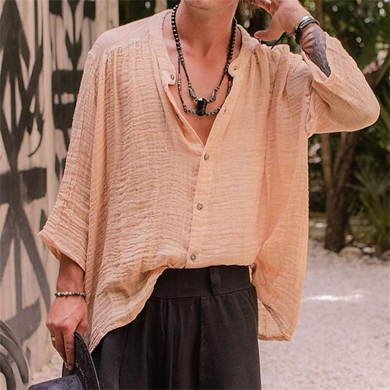 Men's Shirt Chinese Collar Shirt Mandarin Collar Shirt Summer Shirt Casual Shirt Beach Shirt Black khaki Long Sleeve Plain Grandad Collar Henley Vacation Hawaiian Button-Down Clothing Apparel Cotton3