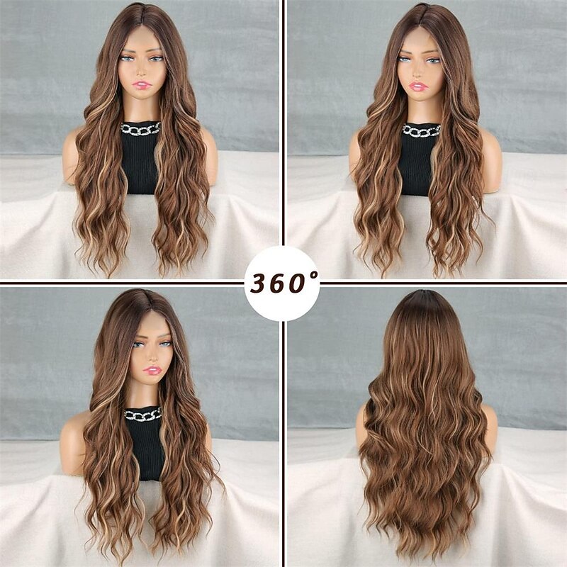 Long Ombre Brown Wavy Wig for Women 26 Inch Middle Part Brown Highlight Wigs Natural Looking Synthetic Heat Resistant Fiber Light Brown Curly Wig for Daily Party Use4