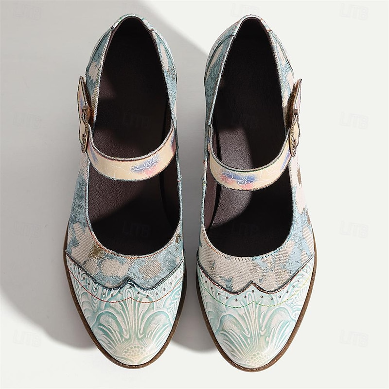 Women's Heels Pumps Handmade Shoes Vintage Gatsby Shoes Wedding Party Color Block Cone Heel Round Toe Elegant Vintage Gatsby Leather Buckle Light Blue 8