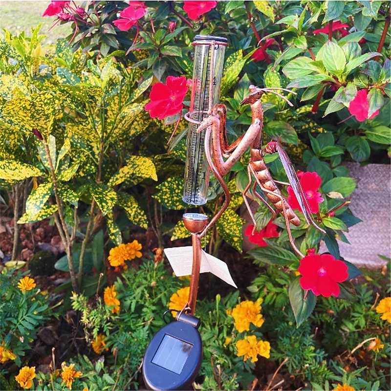 Solar Stake Light Powered Praying Mantis Rain Gauge Lamp Iron Art Animal Lawn Lamp Metal Handicraft Simulation Lawn Ground Insertion Lamp Garden Courtyard Decorative Lamp4
