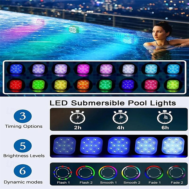 2pcs Rechargeable Submersible Pool LED Light with Remote Control, LED Underwater Light Multicolor LED Diving Pool Light USB Timer Color Changing Aquarium Fish Tank Night Light2