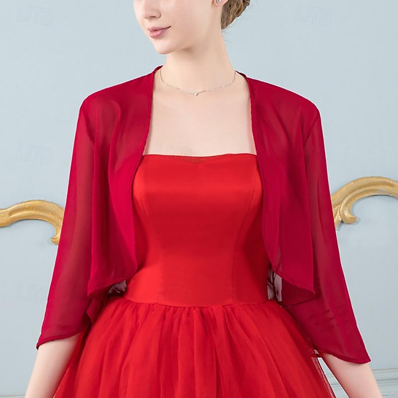 Women's Wrap Bolero Shrug Bridal's Wraps Elegant Vintage 3/4 Length Sleeve Chiffon Wedding Wraps With Pure Color For Wedding Summer4
