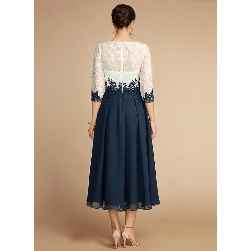 A-Line Mother of the Bride Dress Wedding Guest Elegant Vintage Jewel Neck Tea Length Chiffon Lace Half Sleeve with Lace Appliques Color Block2