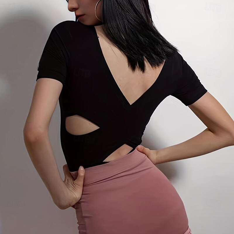 Latin Dance Ballroom Dance Top Lace Hollow-out Pure Color Women's Performance Training Short Sleeve High Spandex4