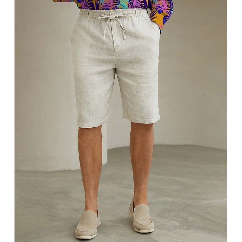 Men's 100% Linen Shorts Linen Shorts Beach Shorts Tie Front Elastic Waist Plain Breathability Comfortable Short Daily Beach Vacation Casual Beige3