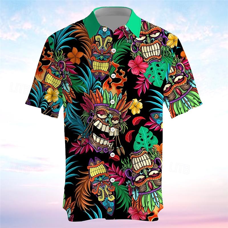 Men's Totem Shirt Summer Hawaiian Shirt Aloha Shirt Short Sleeve Shirt Turndown Vacation Hawaiian Outdoor Vacation Hawaiian Blue Fuchsia Green S M L