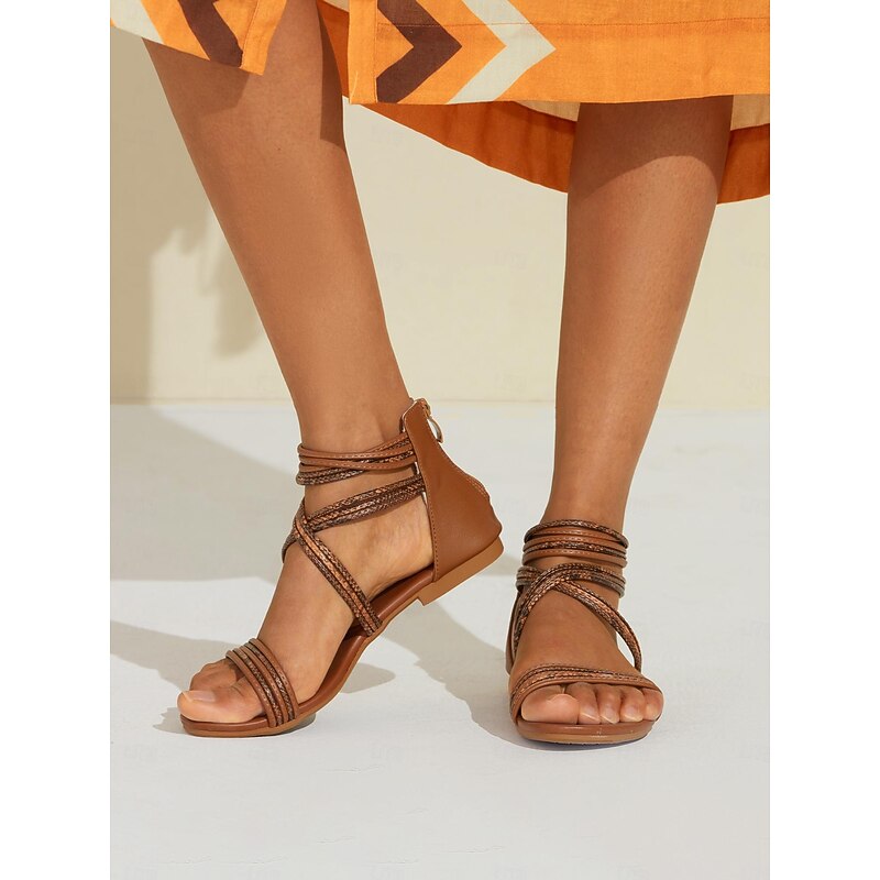 Women's Boho Beach Braided Strap Flat Sandals in Tan | Stylish Summer Comfort Footwear4