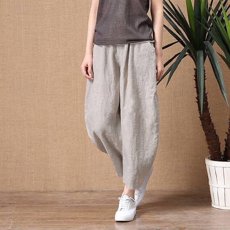 Women's Cotton Linen Pants Pants Trousers Casual Daily Ankle-Length Plain Side Pockets Breathability Comfortable Inelastic Going out Weekend Black Wine Sky Blue Khaki Spring & Summer Regular Fit